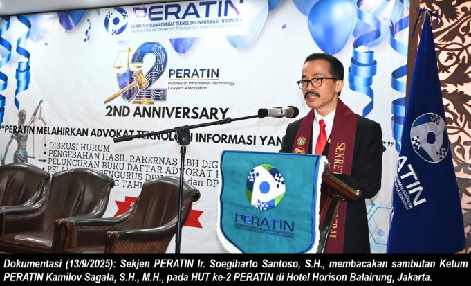 Sekjen PERATIN Ir. Soegiharto Santoso, S.H., membacakan sambutan Ketum PERATIN Kamilov Sagala, S.H., M.H., pada HUT ke-2 PERATIN di Hotel Horison Balairung, Jakarta