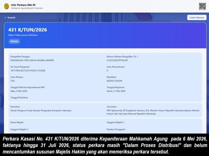 01. Perkara Kasasi No. 431 KTUN2026 diterima Kepaniteraan Mahkamah Agung pada 6 Mei 2026